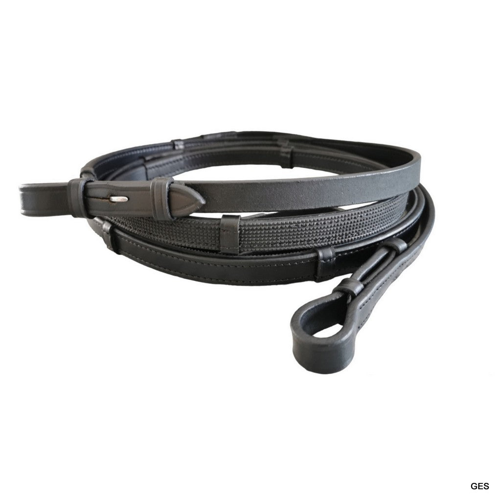 GES Leather Reins With Rubber Grip Back- Black Foxwood Equestrian | Showing Tack and Saddlery Store