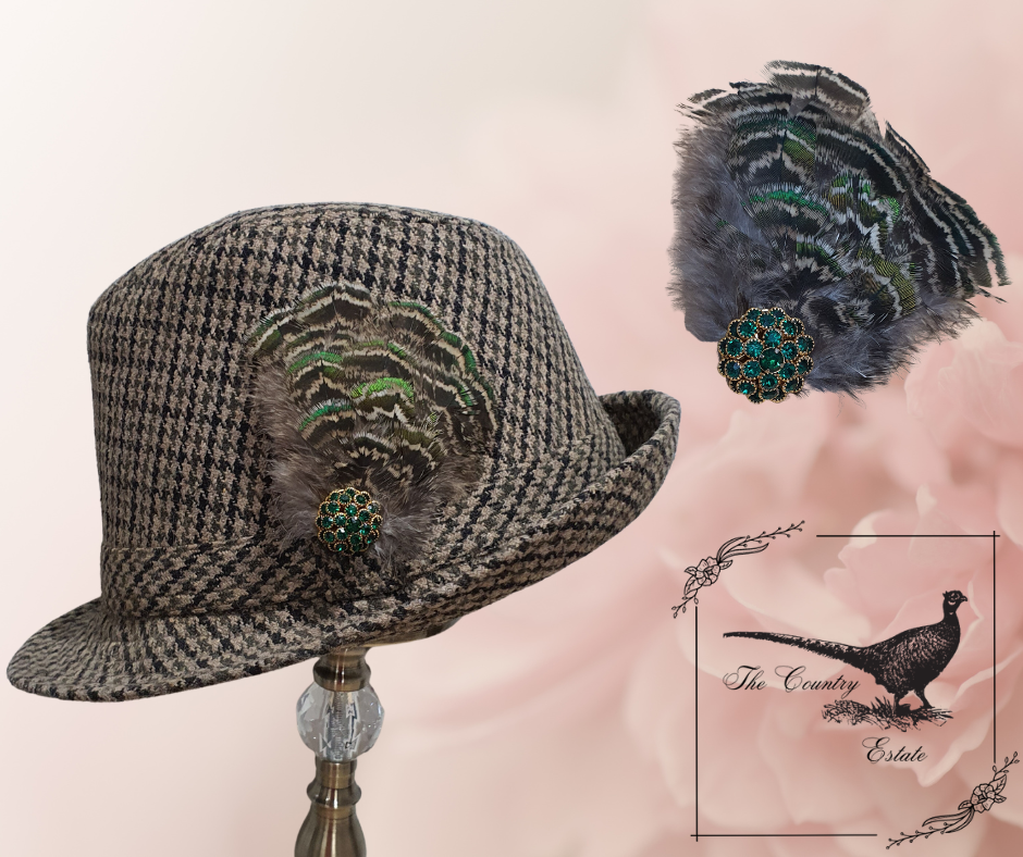 Feather Hat Pin/ Brooch with Green Rhinstone- Small The Country Estate