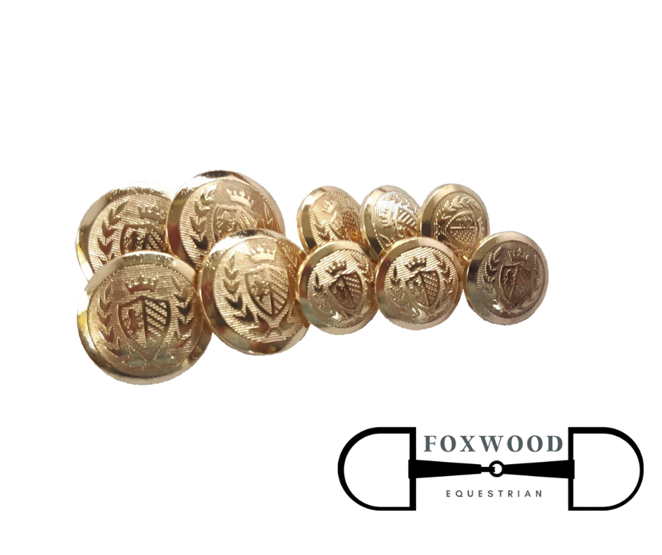 Gold Button Set Shield & Crown Foxwood Equestrian